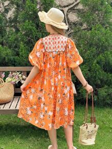 LMoss Kids Robe ajustée à col rond et manches bouffantes avec motif floral ditsy pour jeune fille - Orange - Voir 2