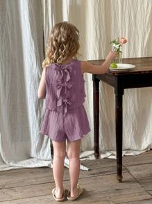 SHEIN LMoss Kids 2pcs Young Girl Woven Solid Color Round Neck Sleeveless Top And Shorts Set