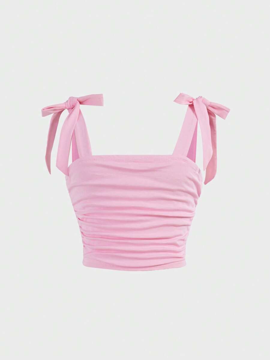 SHEIN Tween Girl Elegant Solid Fitted Sweet Bow-Knot Tie Shoulder Side Ruched Cami Tank Top - Baby Pink - View 1