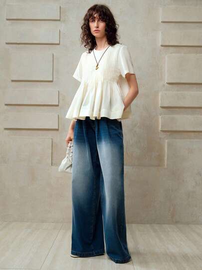 Aveloria Modichic 女士梭织平纹短袖圆领休闲个性化结构衬衫，适合春夏季、度假、通勤和日常穿着