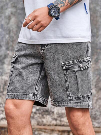 Manfinity Homme Plus Size Men's Solid Color Pocket Summer Casual Denim Shorts