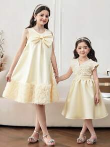 Tween Girl 3D Flower Patchwork Big Bow Decor Round Neck Sleeveless A-Line Dress