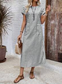EMERY ROSE Women's Long Striped Dress With Short Sleeves, Fashionable And Suitable For Summer,Dresses For Women Summer