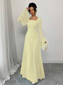 Rafferiza 蓝色方领双层荷叶边袖口嵌件喇叭形下摆女式长裙 - 淡黃色 - 查看 3