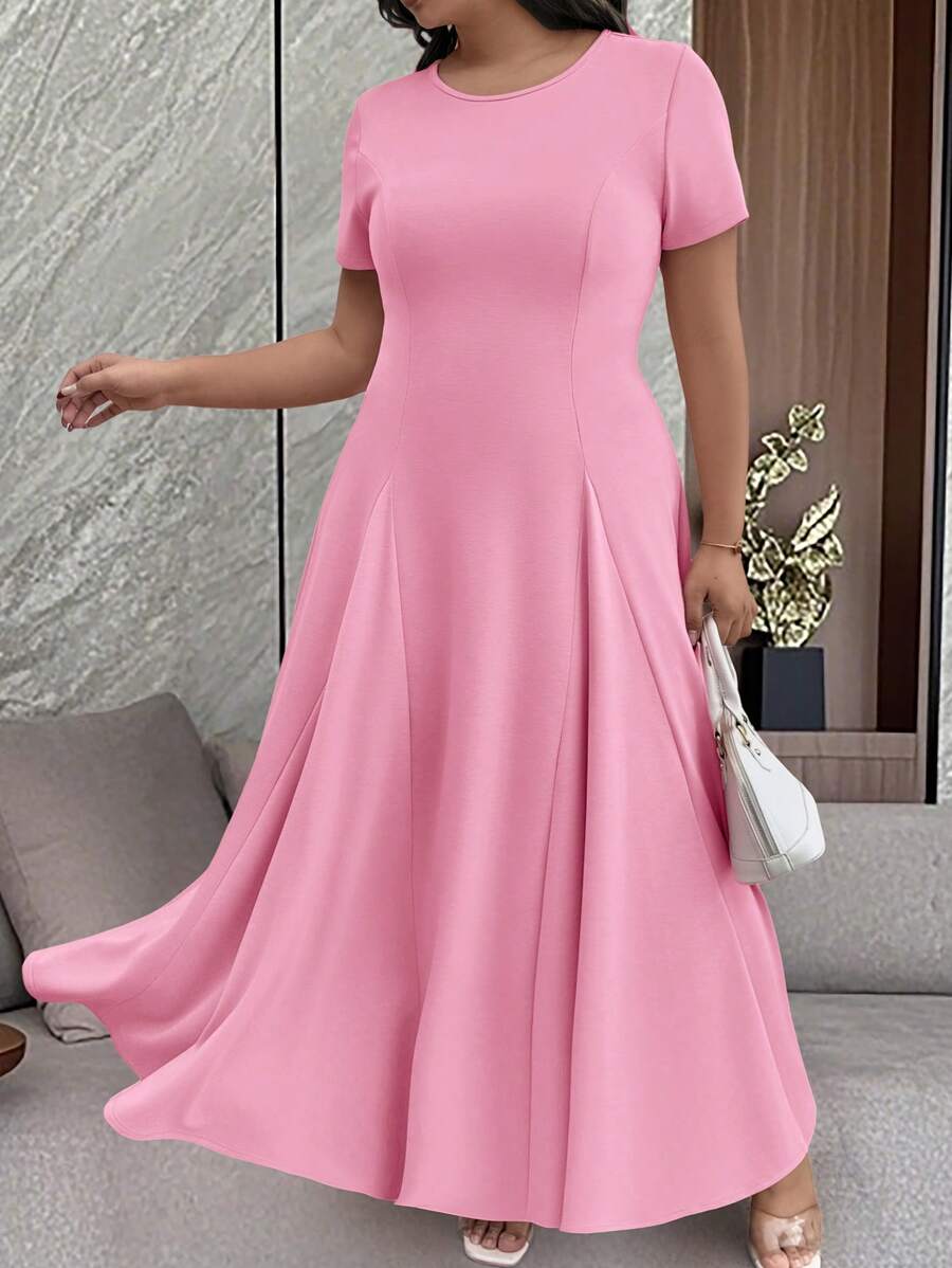 EMERY ROSE Vestido largo con mangas cortas, cuello redondo, cintura ceñida y falda en línea A con inserciones contrastantes, hecho de tela de punto rosa, para vacaciones y uso informal, tallas grandes, para primavera/verano - Rosa - Ver 1