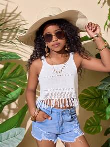 SHEIN Parte superior corta sin mangas de unicolor para niñas preadolescentes con espalda calada y bajo con flecos