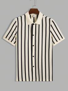 SHEIN 条纹钩针青少年男童休闲衬衫，舒适、时尚、百搭，适合海滩度假、上学、日常穿着和春夏季 - 黑與白 - 查看 4