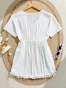 SHEIN Tween Girls' Solid Color Pompom Decorated Swimsuit Cover-Up Beachwear Teen Cover Up Bathing Suit Cover Up Girls Beach Coverup Girls Summer Clothes Shirts Girls Beach Cover Up Summer Holiday