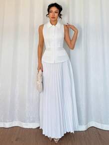 Chiquease 2pcs/Set Women's Spring Elegant Sleeveless Pleated Dress - White - View 3