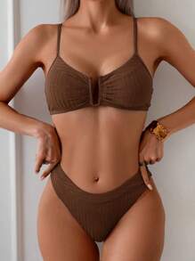 Swim Lushoire 女士休闲条纹纹理泳衣套装 - 鏽棕色 - 查看 5