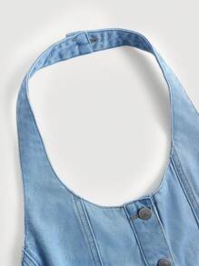 SHEIN MOD 女式牛仔连体裤，休闲修身吊带裤，情人节女式连体裤，夏季牛仔连体裤，Y2k 服装 - 淺色水洗藍 - 查看 4