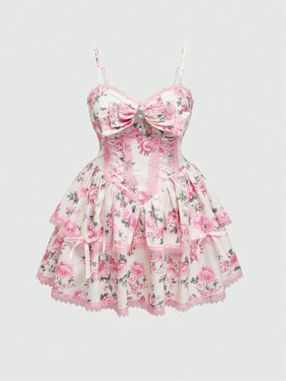 Kawaii Plus Size Women Vintage Palace Ditsy Floral Lace Patchwork Bowknot Mini Dress,Corset Dress For Women