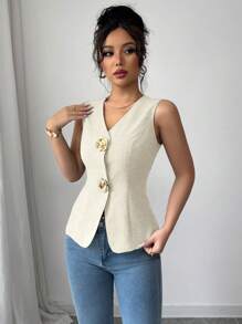 Gloray Chaleco de mujer con cuello en V, ajustado, decorado con botones dorados en forma de rosa