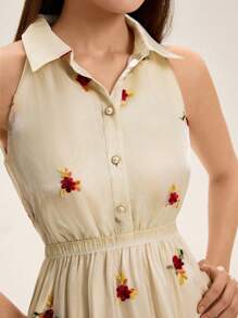 Aveloria Apricot Background Embroidered Standing Collar Half-Open Front Sleeveless Dress All Over Print  For Summer Spring Fall Autumn