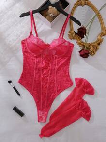 3 件套浪漫蕾丝连体衣带长袜，内衣套装内衣外衣，适合外出 - 玫紅色 - 查看 4