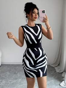 Elenzga 女士无袖修身短款斑马纹连衣裙 - 黑色 - 查看 7