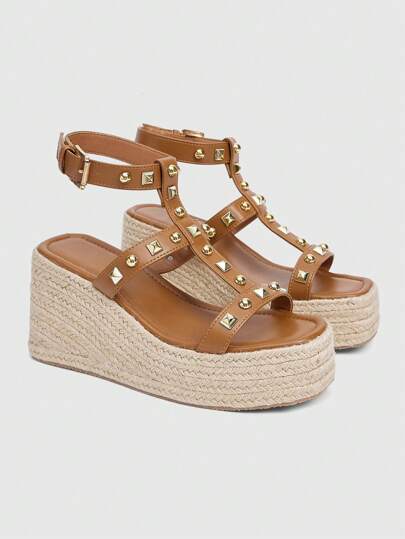 Fairycore Sandalias informales de plataforma y cuña para mujer, con tachuelas y hebilla en estilo bohemio, ideales para la calle y la playa, en color marrón