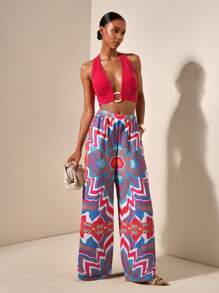 Zivah Ring Linked Halter Top & Allover Print Pants Bikini Set ,Country Concert Outfit - Red - View 4