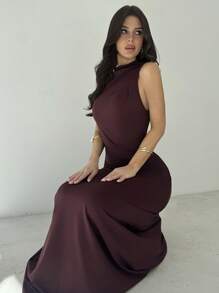 Firerie Women's Elegant Asymmetrical Shoulder Cinched Waist A-Line Sleeveless Knit Long Dress, Purple Red, Suitable For Vacation, Beach, Party Business Casual Woman,Bodycon Dress,Graduation,Teacher Outfits For Women,Teacher Dress