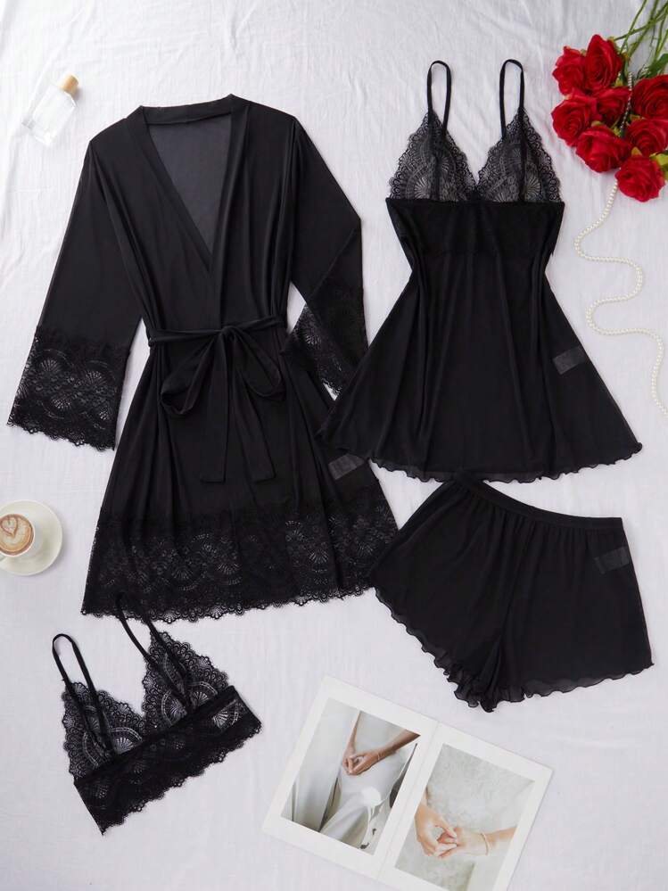 SilkySpell Lace Trim Mesh Slip Short & Robe Set - Black - View 1