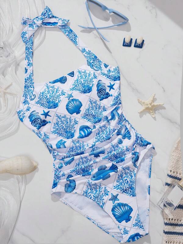 SHEIN Teen Girl's Blue & White Ocean Print Halter Neck Ruched Waistline One-Piece Swimsuit, Girly Style Vacation, Summer Outfits, Beach, Holiday