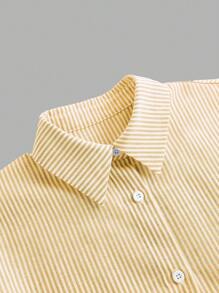 SHEIN LUNE Bộ 3 áo sơ mi hở trước màu xanh và trắng cho nữ, quần dài kẻ sọc và áo hai dây màu trắng, mùa xuân và mùa hè - Màu vàng - Xem 12