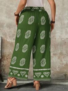 Breezaya Pantalones de vacaciones de estilo bohemio con estampado total, cinturón y piernas anchas, para mujeres de talla grande, pantalones de verano - Verde - Ver 2