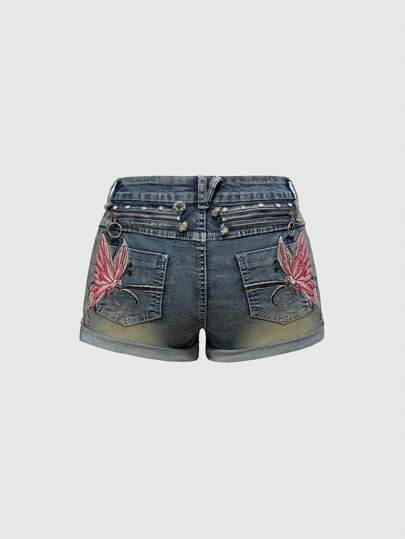 Fairycore Y2K Chic Jeans Shorts mit Schmetterling Stickerei und Used-Look, niedrige Taille