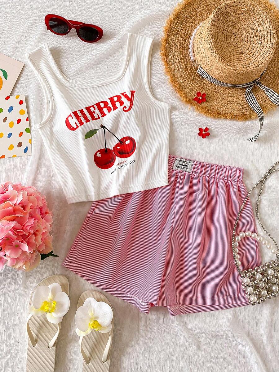 2pcs/Set Teen Girl Summer Cherry And Letter Graphic Tank Top & Striped Shorts Set - White - View 1