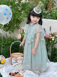 DAZY Toddler Girls' Round Neck Tulle Party Dress, Cute Texture Lace Patchwork Formal Outfit