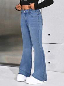 SHEIN Tween Girl Y2K Fashionable Casual Flare Leg Jeans Star Pattern With Rhinestones, Fall Clothes Back To School - Light Wash - View 6