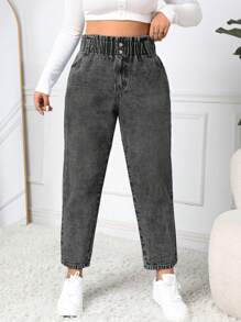 SHEIN EZwear Jeans casuales y versátiles de talla grande con cintura tipo bolsa de papel y bolsillos