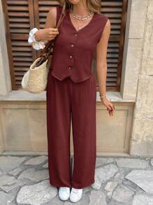 SHEIN Frenchy 2 chiếc/Bộ đồ đi nghỉ cho nữ áo vest một hàng khuy và quần thường ngày - Gỗ đỏ - Xem 5