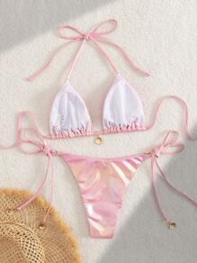 Swim SXY 2 piezas Conjunto de bikini de unicolor para mujer con tirantes halter rosa, decoración de concha y Bottom atada a los lados, ropa de playa de verano - Rosa - Ver 2