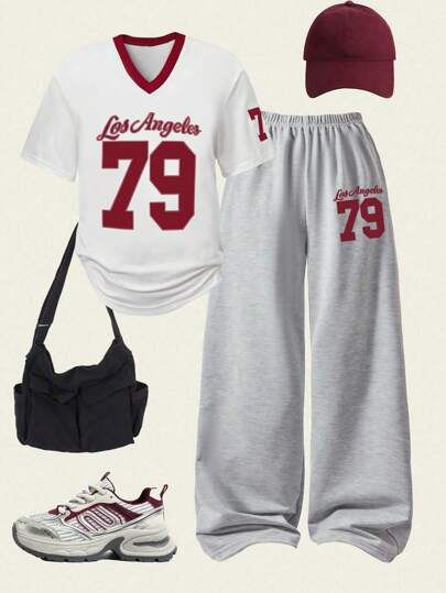 SHEIN Explorewe Set de 2 piezas de ropa informal y deportiva para adolescentes, con top de manga corta con cuello en V y gráfico, y pantalones anchos. Conjunto de ropa de verano para vacaciones y vuelta al colegio