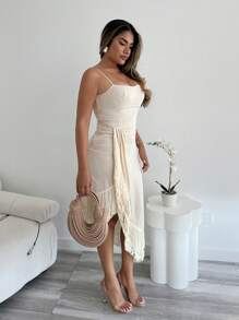 SHEIN LUNE Women's Spaghetti Strap Sexy Fringes Long Dress - Apricot - View 5