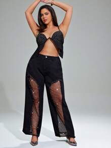 Denimoi Pantalones de pierna ancha de talla grande con inserción de malla de strass