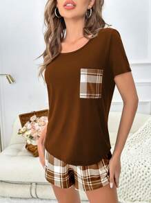 女士格子口袋短袖T恤和短裤家居服套装 - 棕色 - 查看 3
