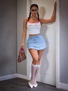 SHEIN PETITE 女士小号荷叶边下摆牛仔迷你裙 - 淺色水洗藍 - 查看 6