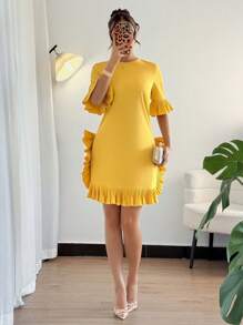 SHEIN Clasi Casual Unique Pleated Women Short Sleeve Dress - Yellow - View 6