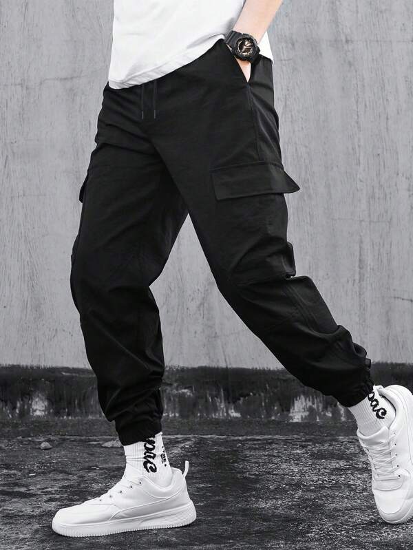 Manfinity Hypemode Loose Fit Men's Solid Color Drawstring Waist Flap Pocket Pants, Back To School