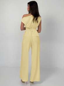 Aloruh Early Spring New Simple Solid Color Waist-Cinched Top With Straight Leg Pants 2Pcs Suit, Comfortable & Versatile Work Outfit - Yellow - View 2