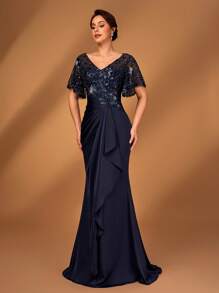 Serin Elegant Luxurious Sequin Floral Lace Patches Patchwork Stretch Satin Ruched Flounce Trim Sleeves Dress, Suitable For Wedding, Party, Holiday, Prom, Evening Gown, Mother Of The Bride - Navy Blue - View 6