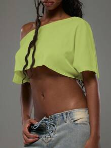 MUSERA Camiseta de mujer con cuello asimétrico, corta y oversize, en estilo callejero tipo Ibiza, sexy para vacaciones
