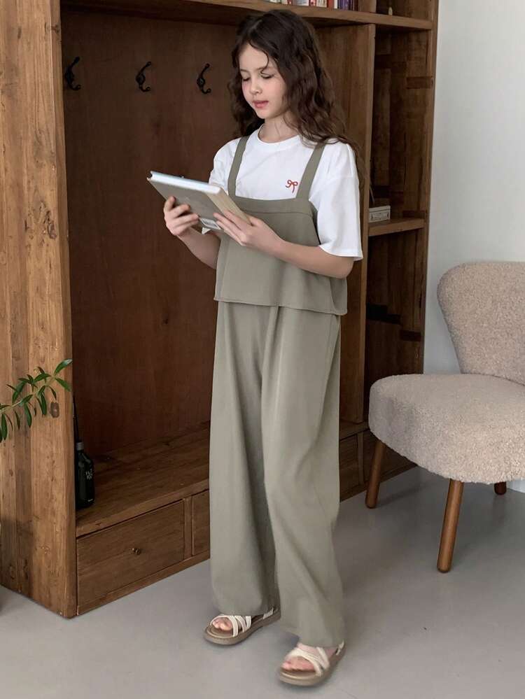 Tween Girls' Solid Color Wide Leg Loose Casual Jumpsuit With Suspenders