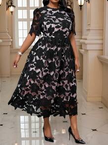 Fleurora 春夏优雅通勤婚礼情人节办公室彩色编织蕾丝圆领喇叭泡泡袖荷叶边领中长短袖大码连衣裙节日服装优雅服装秋季服装曲线夏季女士夏季服装情人节生日服装女士情人节连衣裙茶会服装春季情人节服装情人节服装女士节日服装女士大码连衣裙优雅优雅连衣裙 - 彩色 - 查看 4