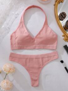 SHEIN Seamless Plain Halter Bra & Panty Lingerie Set - Dusty Pink - View 6
