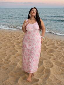 SHEIN MOD Plus Size Women's Summer Pink Ditsy Floral Lace Stitching Dress,Elegant Graduation Holiday Long Vacation White,Tropical,Beach Dress,Feminine - Pink - View 3