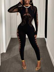 BamGleam Women's Long Sleeve Sexy Hollow Out Mesh Jumpsuit Fall Cloth For Women - Black - View 3