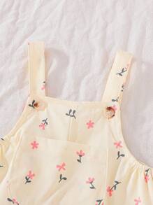 SHEIN Vintaside Kids Baby Girls 0-3 Years Infant Toddler Ditsy Floral Jacquard Strap Overall Jumpsuit, All-Match For Spring Summer All Season